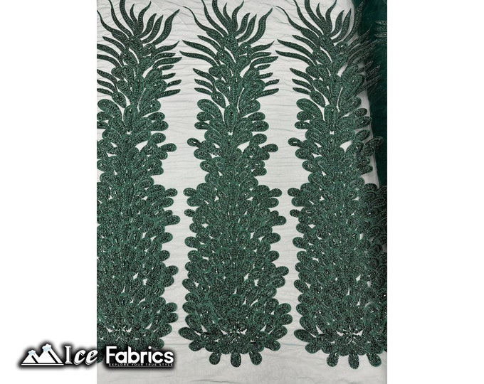 Hunter Green Peacock Feather Beaded Fabric sold by Panel | Embroidery Handmade Lace