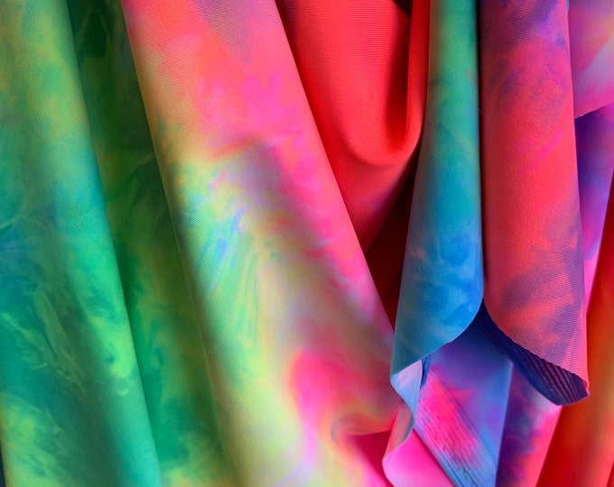 Stretch Poly Spandex Multi_Color Tie Dye Fabric Sold By The Yard// Nylon Spandex 60 Wide Fabric// Green/ Pink/ Yellow/ White