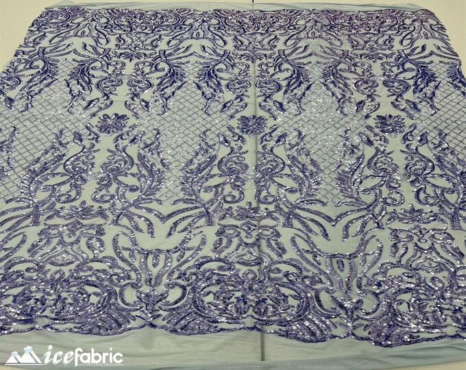 Mia Geometric Sequin Fabric By The Yard | 4 Way Stretch Fabric | Sequin Geometric Embroidery Fabric | Blue Purple
