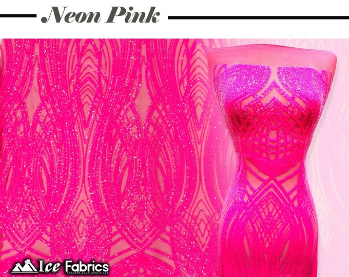 Peacock Neon Pink 4 Way Stretch Sequins Fabric By The Yard Neon Pink Mesh nylon Spandex Fabric | With Embroidery Sequin Lace