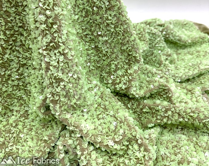 Luxury Stretch Velvet Sequin Fabric Sage Green on Green Velvet By The Yard | Full All Over Sequin ( 5mm) on stretch Velvet Fabric