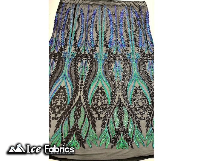 Lucy Damask Sequin Fabric By The Yard | Iridescent Green Black on 4 Way Stretch Mesh Fabric