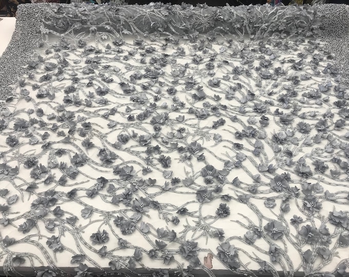 Silver Design Beaded Mesh Lace Fabric Bridal Wedding Sold By Yard clothing, jackets, dresses,skirts, applications, table covers, runners