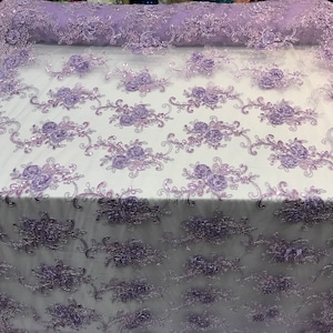 Lavender Embroidered mesh lace Flower Design with sequins by the yard.Floral wedding prom dress, tablecloths, runners, skirts,customs, decor