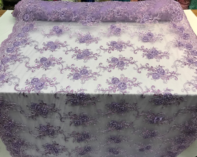 Lavender Embroidered mesh lace Flower Design with sequins by the yard.Floral wedding prom dress, tablecloths, runners, skirts,customs, decor