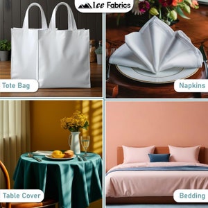 May include: A collage of four images showcasing different home textile products. The top left image shows a white tote bag. The top right image shows a white napkin folded on a white plate. The bottom left image shows a teal table cover with a vase of yellow flowers and a glass of water on top. The bottom right image shows a pink bed with white and blue pillows. The text "Ice Fabrics" is visible in the top left corner of the image.