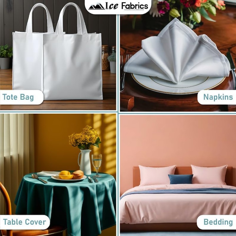 May include: A collage of four images showcasing different home textile products. The top left image shows a white tote bag. The top right image shows a white napkin folded on a white plate. The bottom left image shows a teal table cover with a vase of yellow flowers and a glass of water on top. The bottom right image shows a pink bed with white and blue pillows. The text "Ice Fabrics" is visible in the top left corner of the image.