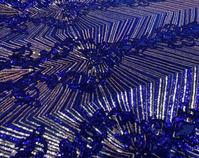 Royal Blue- Embroidered Fabric- 4 Way Stretch SEQUIN FABRIC  By The Yard _ Spandex Fabric- Mesh Sequin Fabric_ Lace Fabric