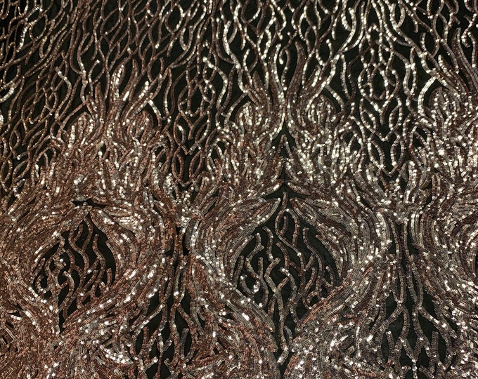 Stretch Sequins Floral Damask (Gold On Black Mesh) Embroider 4 Way Stretch Spandex Mesh Lace Fabric By The Yard_ Wedding Prom Dress.