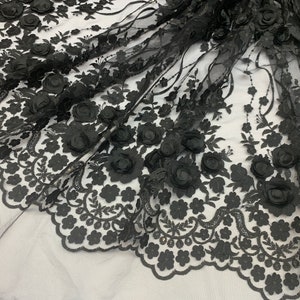 BLACK FLORAL DESIGN WITH CORD EMBROIDERY ON A MESH LACE-SOLD BY YARD.