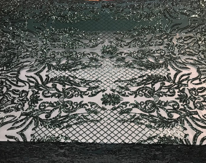 NEW Hunter Green Design sequins 4 way stretch on A MESH lace Sold By the yard for decorations fashion wedding prom dresses, tablecloths