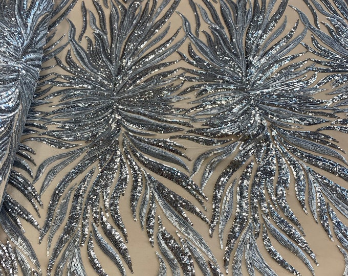 Silver_ Bridal// Spandex Nude Mesh Lace Sequins Stretch Fabric By The Yard// 4 Way Stretch Sequins Power Mesh Embroidered Fabric//Floral//