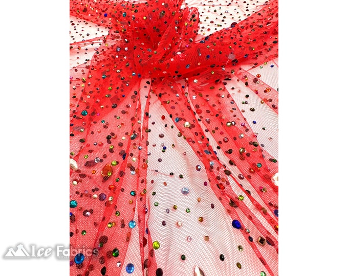 Multi-Color Rhinestones Beaded Fabric On Red Mesh Fabric By The Yard | Handmade Embroidery Beads Lace Fabric | Dancer's Custom Fabric
