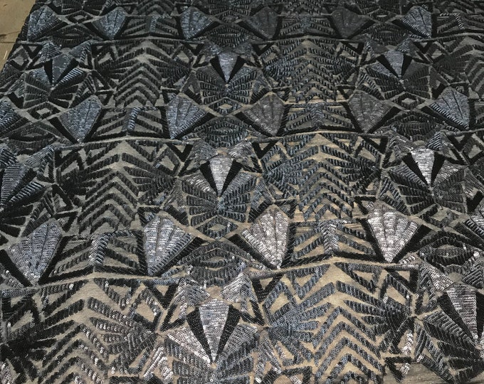 Luxury Geometric 4 Way Stretch Sequins (Matt Navy Blue) On A Mesh Lace Embroidered Fabric By The Yard For Dress, Tablecloths, Decoration