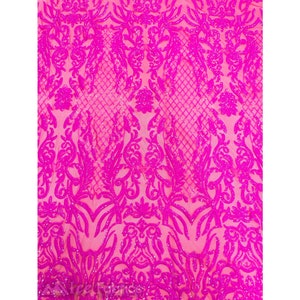 Gorgeous Neon Fuchsia Pink Stretch Spandex Sequin Fabric By The Yard | Embroidery Fabric On 4 Way Stretch Mesh Fabric | Lace Fabric
