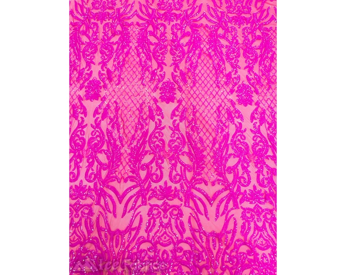 Gorgeous Neon Fuchsia Pink Stretch Spandex Sequin Fabric By The Yard | Embroidery Fabric On 4 Way Stretch Mesh Fabric | Lace Fabric