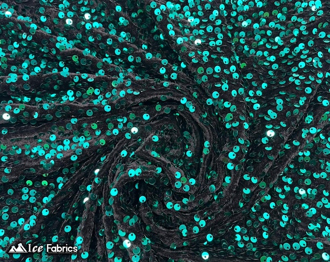 Emma 2 Way Stretch Velvet Sequin Fabric By The Yard | Embroidery Sequin On Spandex Velvet | Teal on Black | 60” Wide