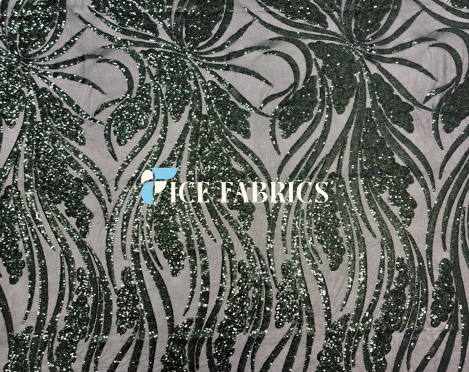 Elegant Feather Hunter Green Sequin Fabric By The Yard Stretch Mesh Spandex Fabric Sequin Mesh Fabric Wedding Dress, Prom Dress