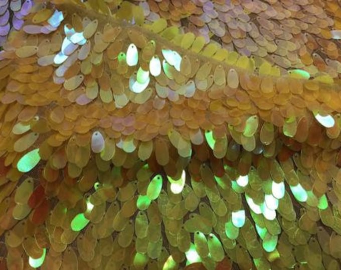 Mermaid Shiny Iridescent Sequins Fabric By The Yard// Yellow Iridescent Oval Tear Sequins Mesh Lace Fabric. Night gowns Dresses/ Fashion