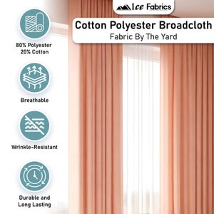 May include: Peach colored cotton polyester broadcloth fabric by the yard.  The fabric is wrinkle-resistant, breathable, and durable.  The fabric is 80% polyester and 20% cotton.