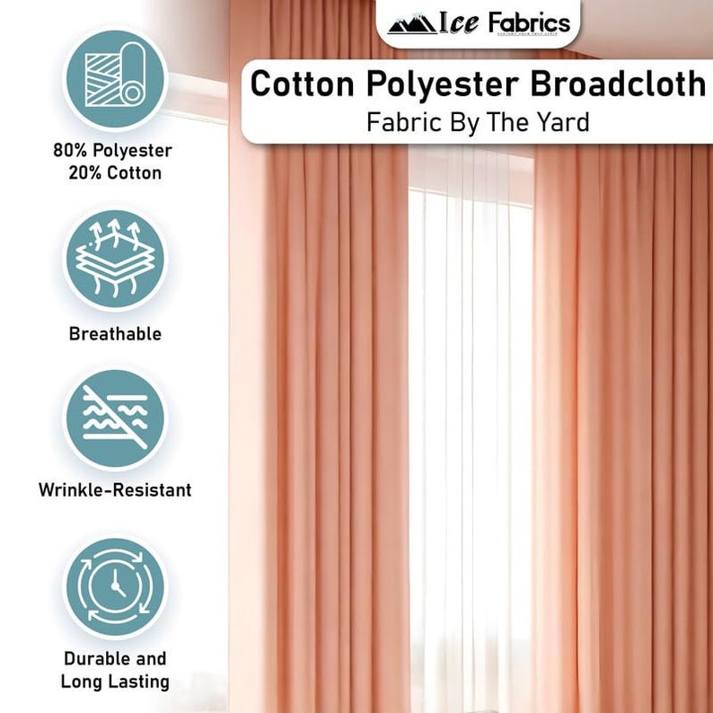 May include: Peach colored cotton polyester broadcloth fabric by the yard.  The fabric is wrinkle-resistant, breathable, and durable.  The fabric is 80% polyester and 20% cotton.