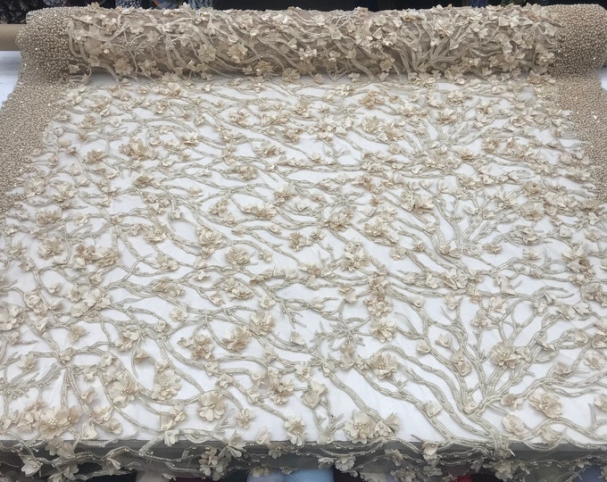 Taupe Design Beaded Mesh Lace Fabric Bridal Wedding Sold By Yard clothing, jackets, dresses,skirts, applications, table covers, runners