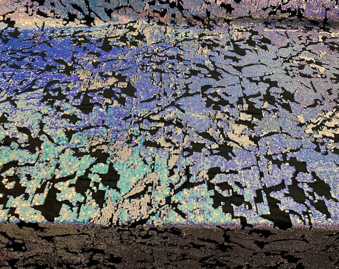 French// 2 WAY Stretch Sequins Embroider Velvet Fabric By The Yard// Mermaid Reversible Flip Up Sequins ON Black Velvet// Aqua,White,Lilac