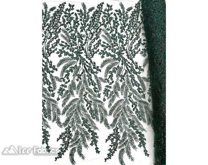Hunter Green Floral Embroidery Beaded Sequin Fabric By The Yard | Handmade Beaded Fabric | French Lace Fabric on Mesh