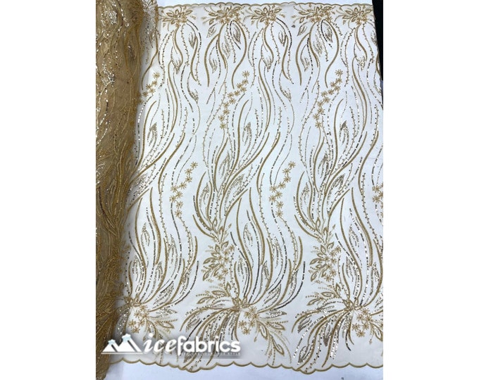 Rose Floral Beaded Fabric By The Yard | Rose Gold Handmade Flower Embroidery Lace Fabric | Wedding Dress, Prom Dress