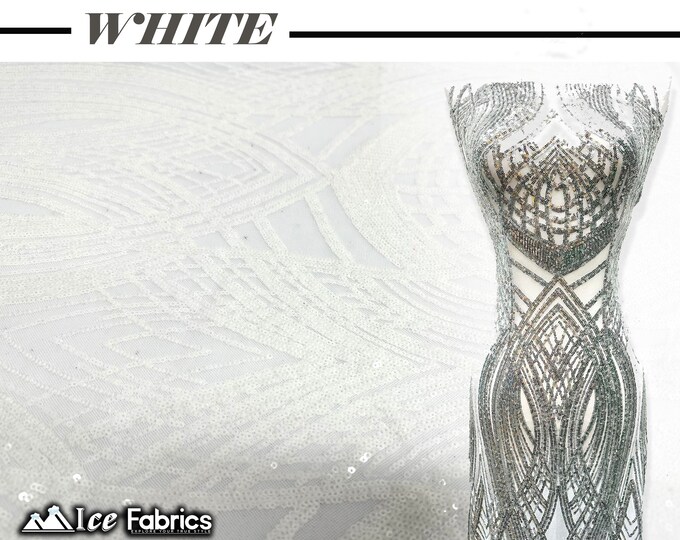 Peacock White 4 Way Stretch Sequins Fabric By The Yard  Mesh nylon Spandex Fabric | With Embroidery Sequin Lace
