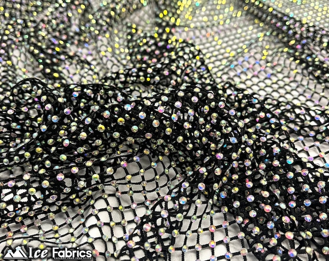 Rainbow Black Iridescent Crystal 4 Way Stretch Beaded Fabric on Fish net Fabric By The Yard | Spandex Lace with Handmade Beads