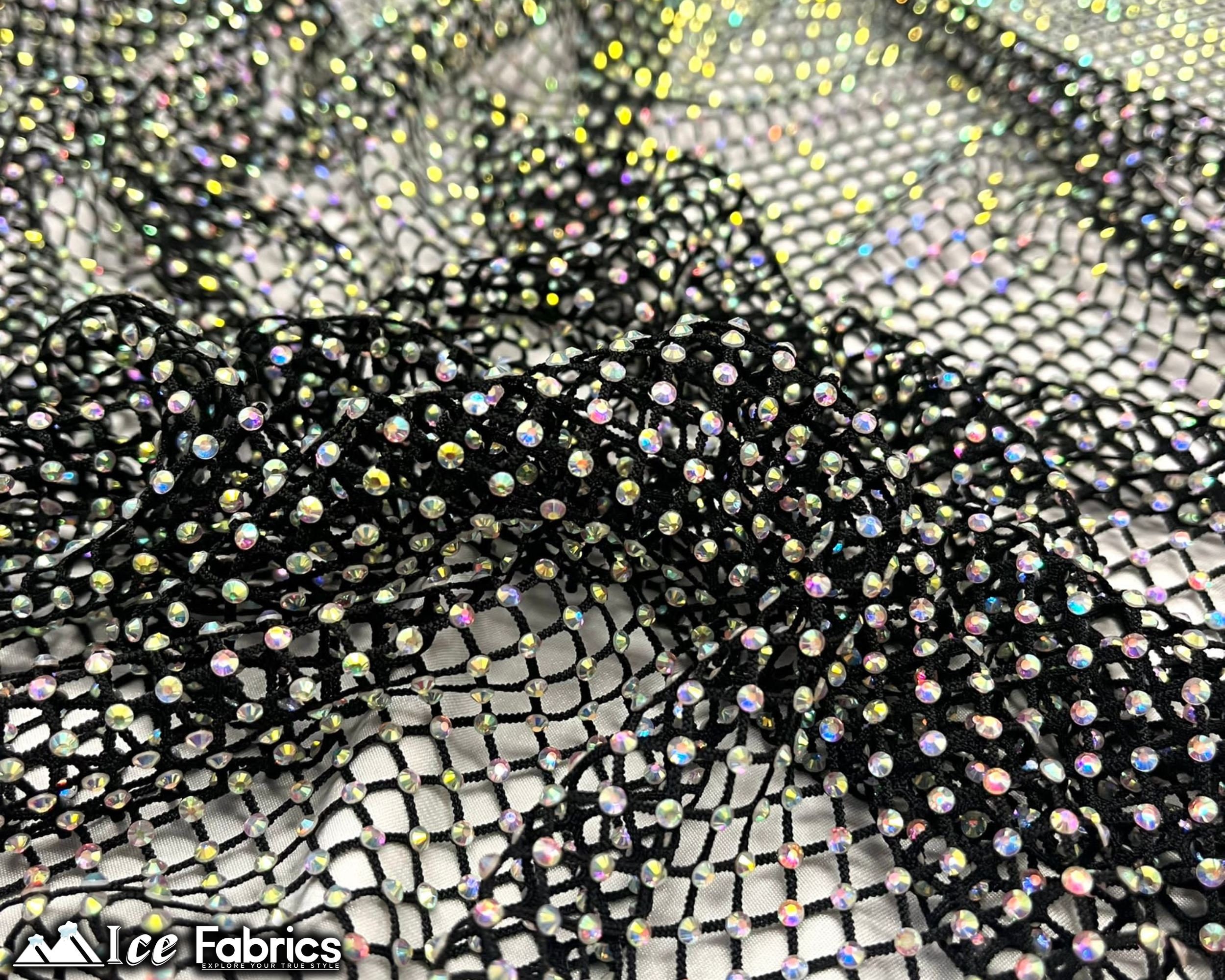 Iridescent Rhinestones Fabric On White Stretch Net Fabric, Spandex