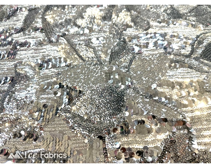 Silver On White Mesh Floral Sequin Fabric By The Yard | On 4 way Spandex Mesh Fabric Embroidery Lace Fabric | Sequin Flowers
