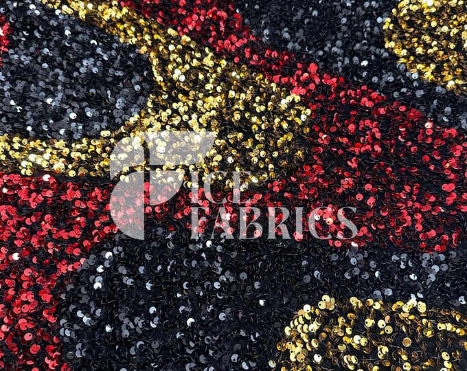 Wavy Sequin Stretch Velvet Fabric by The Yard - 60" Wide Red Black Gold on Black Velvet for Apparel, Costume, Decor