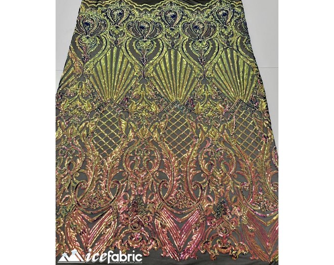 Diba Sequin Fabric By The Yard (Iridescent Pink Yellow Orange) 4 Way Stretch Sequin Fabric _ Geometric Pattern Lace on Mesh _ Prom Dress