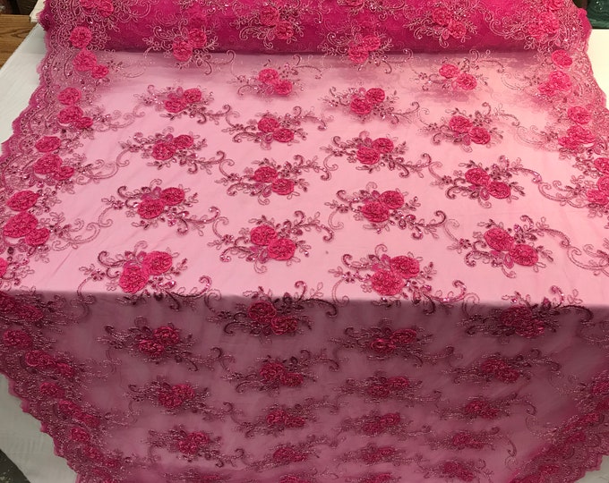Fuchsia Embroidered mesh lace Flower Design with sequins by the yard. Floral wedding prom dress, tablecloths, runners, skirts,customs, decor