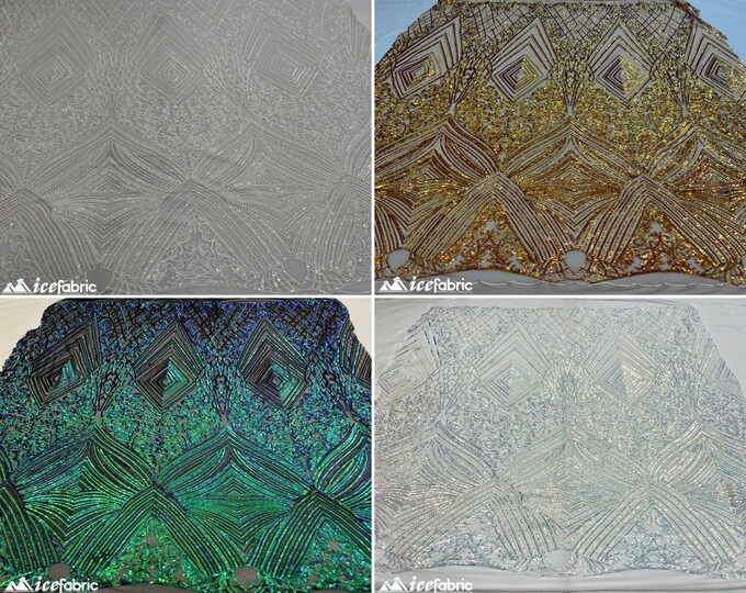 4 Way Stretch Sequin Fabric Diamond Design Embroidery Lace Fabric on Mesh | Fashion Fabric | Diamond Designed Sequin Embroidered Lace Fabric