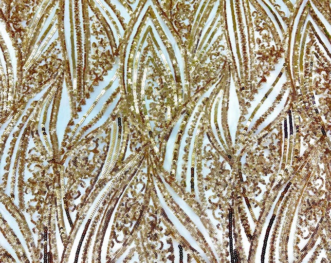 Gold Damask Stretch Sequin Fabric By The Yards (MT) Embroidery Sequin Mesh Fabric Prom Dress Fabric
