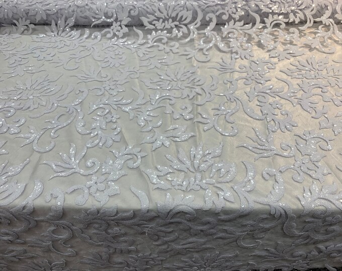 White_ Luxury Pattern Sequins FLOWERS Sequins Mesh Lace Fabric By The Yard/ Floral Sequins On A Mesh. For Night Gowns, Costumes, Bridal Lace