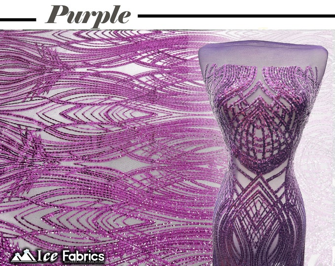 Peacock Purple 4 Way Stretch Sequins Fabric By The Yard Purple Mesh nylon Spandex Fabric | With Embroidery Sequin Lace