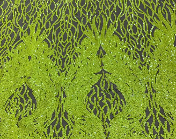 Neon Yellow Iridescent Fabric- 4 Way Stretch SEQUIN FABRIC By the Yard- Nylon Spandex Nude Mesh Fabric- Embroidered Fabric- Lace Fabric
