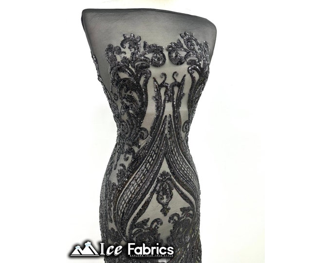 Black Damask Sequin Fabric By The Yard | Black Mesh 4 Way Stretch Sequin Fabric | 60” Wide | Embroidered Lace Fabric | EGP