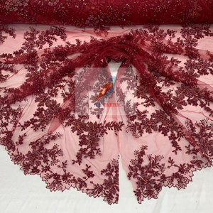 FLORAL Lace Embroidered Fabric_ Burgundy Bridal Beaded Mesh Lace Fabric By The Yard//Flowers Fabric With Beads And Diamond For Prom Dress