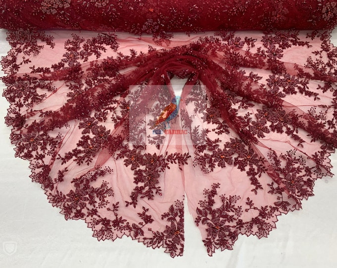 FLORAL Lace Embroidered Fabric_ Burgundy Bridal Beaded Mesh Lace Fabric By The Yard//Flowers Fabric With Beads And Diamond For Prom Dress