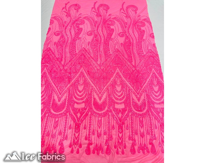African Neon Pink 4 Way Stretch Sequin Fabric By The Yard | Mesh Sequin Fabric | Embroidered Lace Fabric