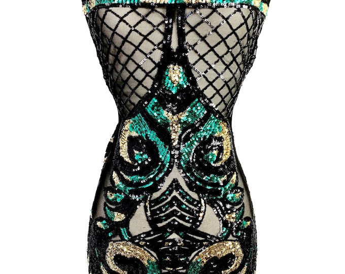 Geometric 4 Way Stretch Sequins Lace Embroidered Fabric By The Yard (Hunter Green,Black,Gold Iridescent) ON Black Mesh Spandex Wedding Gowns