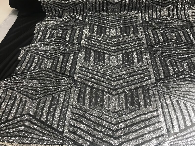 SilverBlack Shiny sequins 4 way stretch on A MESH lace Sold By the yard for decorations fashion wedding prom dress,tablecloths night gowns