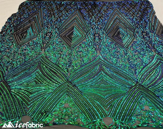 Diamond Iridescent Green Sequin Fabric By The Yard 54" Width | Diamond Embroidery Design 4 Way Stretch Sequin Fabric | Power Mesh Fabric