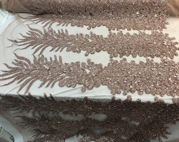 Rose God_ Feathers Peacock 3D Beaded Embroidery Mesh Lace Fabric (Sold By One Panel) Prom Dress, Wedding Dress, Night Gowns.