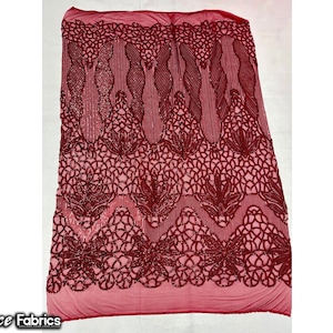 Burgundy 4 Way Stretch Sequin fabric by the yard | Embroidery Lace Fabric On Mesh Spandex Sequin Fabric